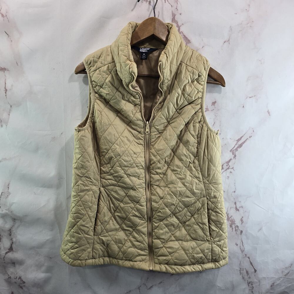 Lands End Vest Womens Medium Beige Tan Puffer Insulated Quilted Synthetic